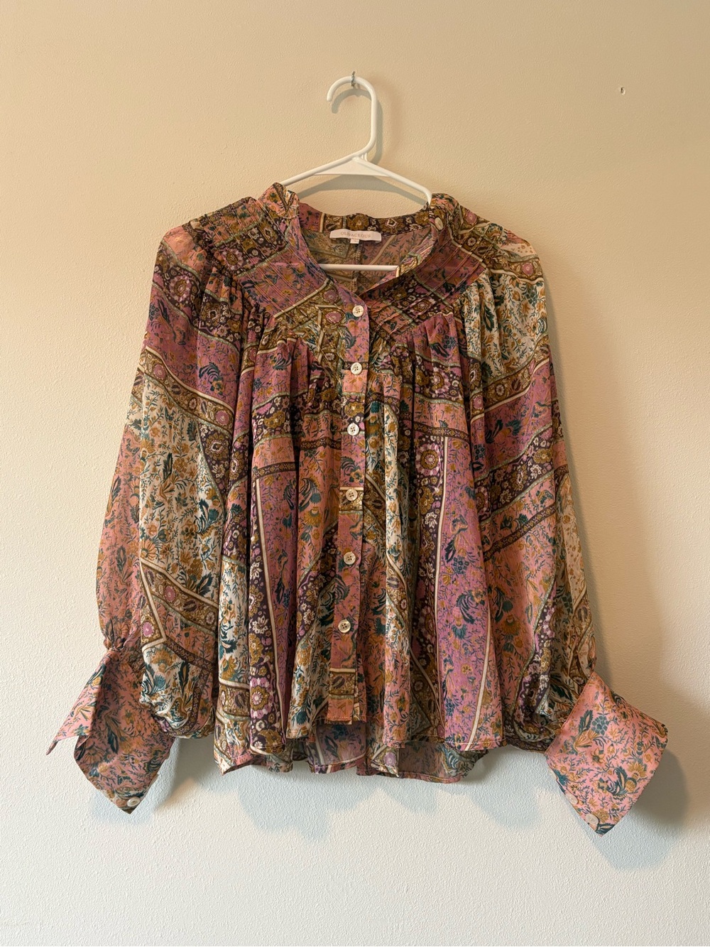 Olivaceous Pink Paisley Ruffle Yoke Button-Front Blouse
